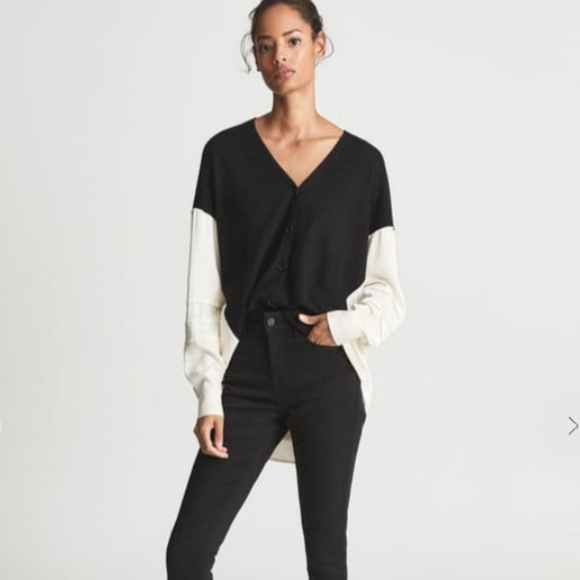 Reiss Addison wool blend colorblock button down V-neck cardigan blouse top 8 - Picture 1 of 16